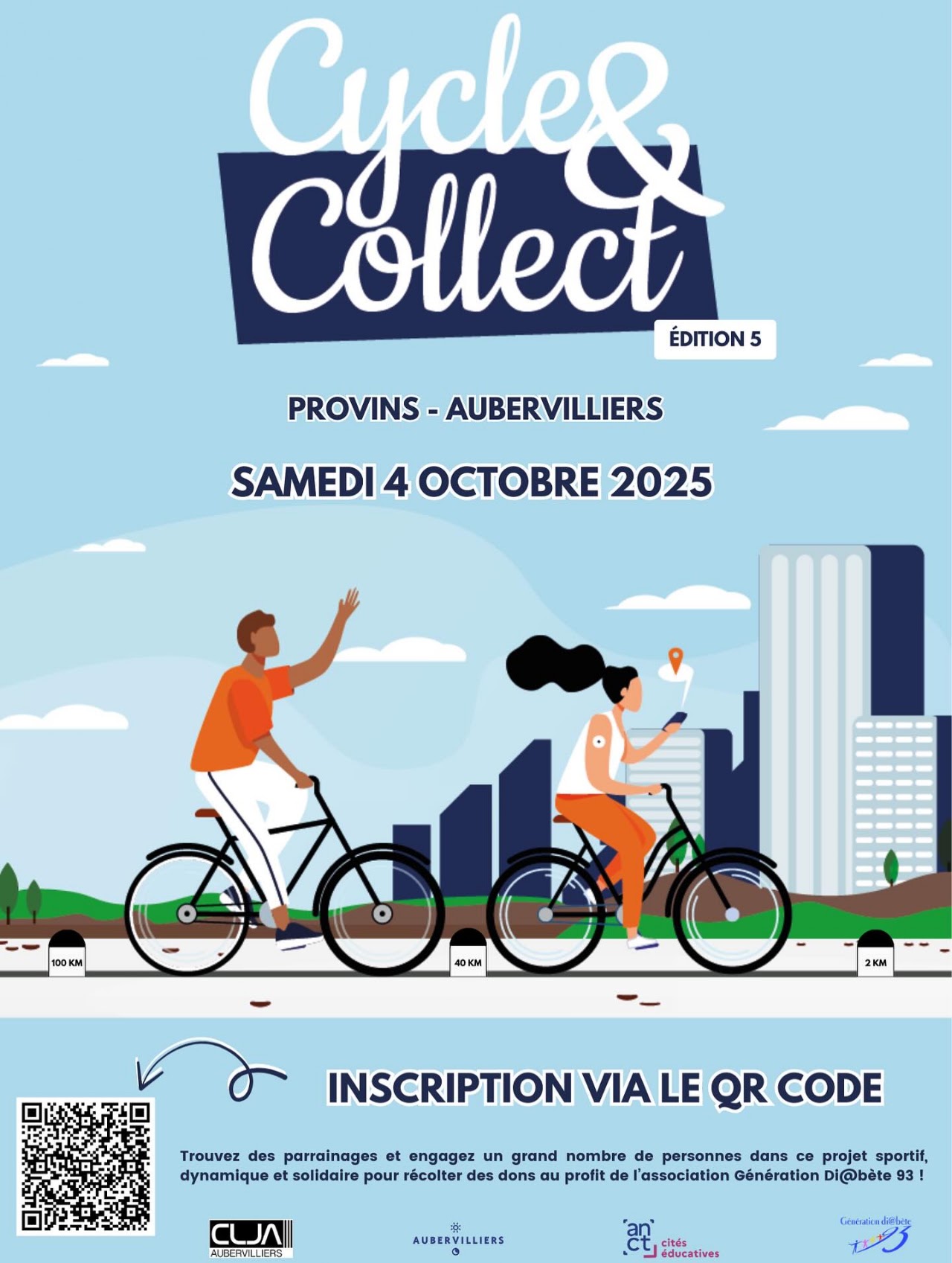 Affiche de la 5e édition de Cycle & Collect, Provins – Aubervilliers, samedi 4 octobre 2025. Deux personnes à vélo illustrent ce rendez-vous passé.