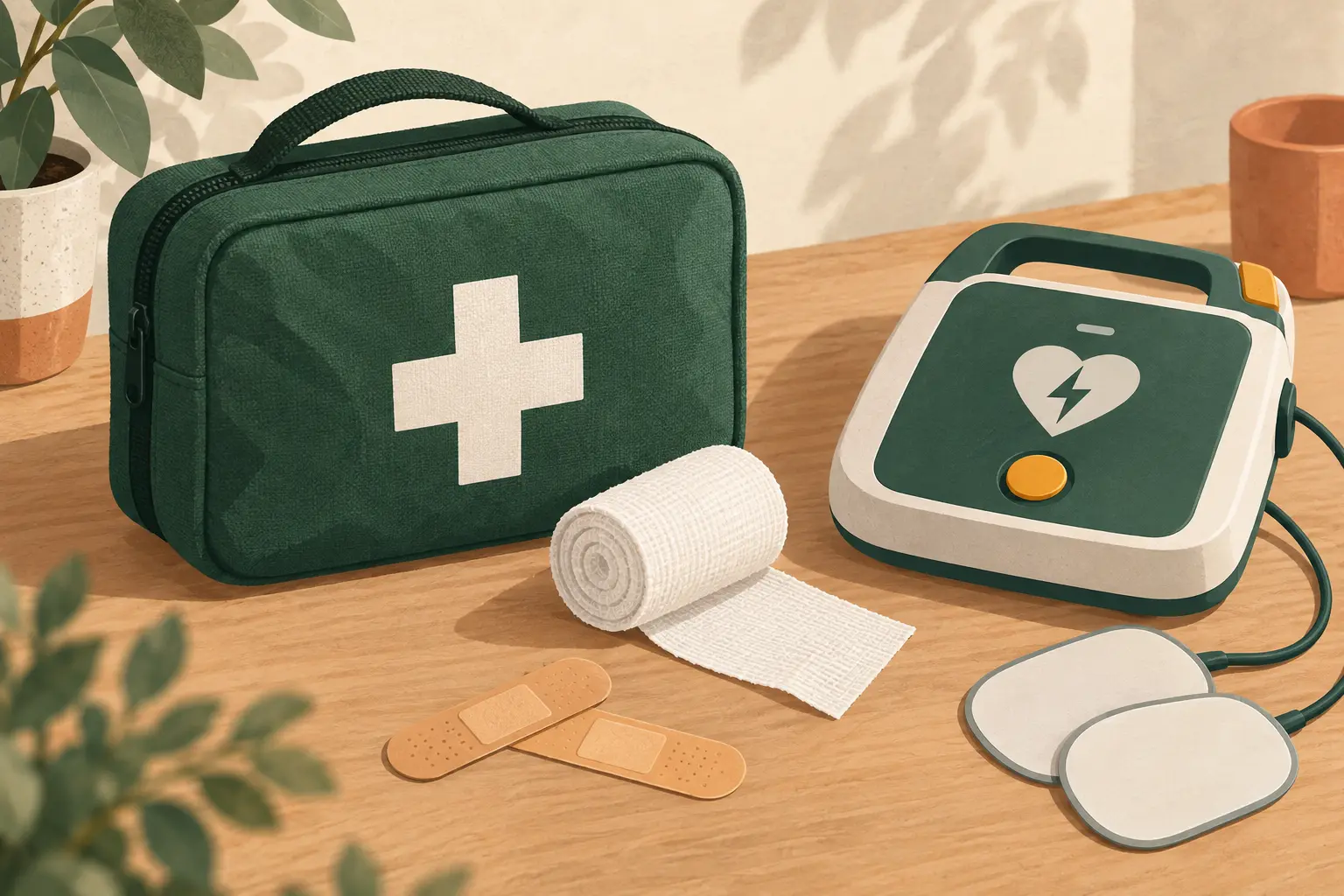 Illustration d’une trousse de premiers secours, de pansements et d’un défibrillateur.